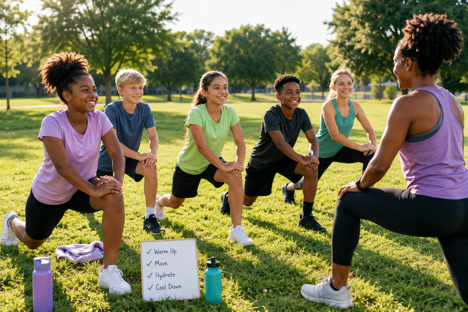 Diverse youth stretching during an instructor-led outdoor movement session at a park