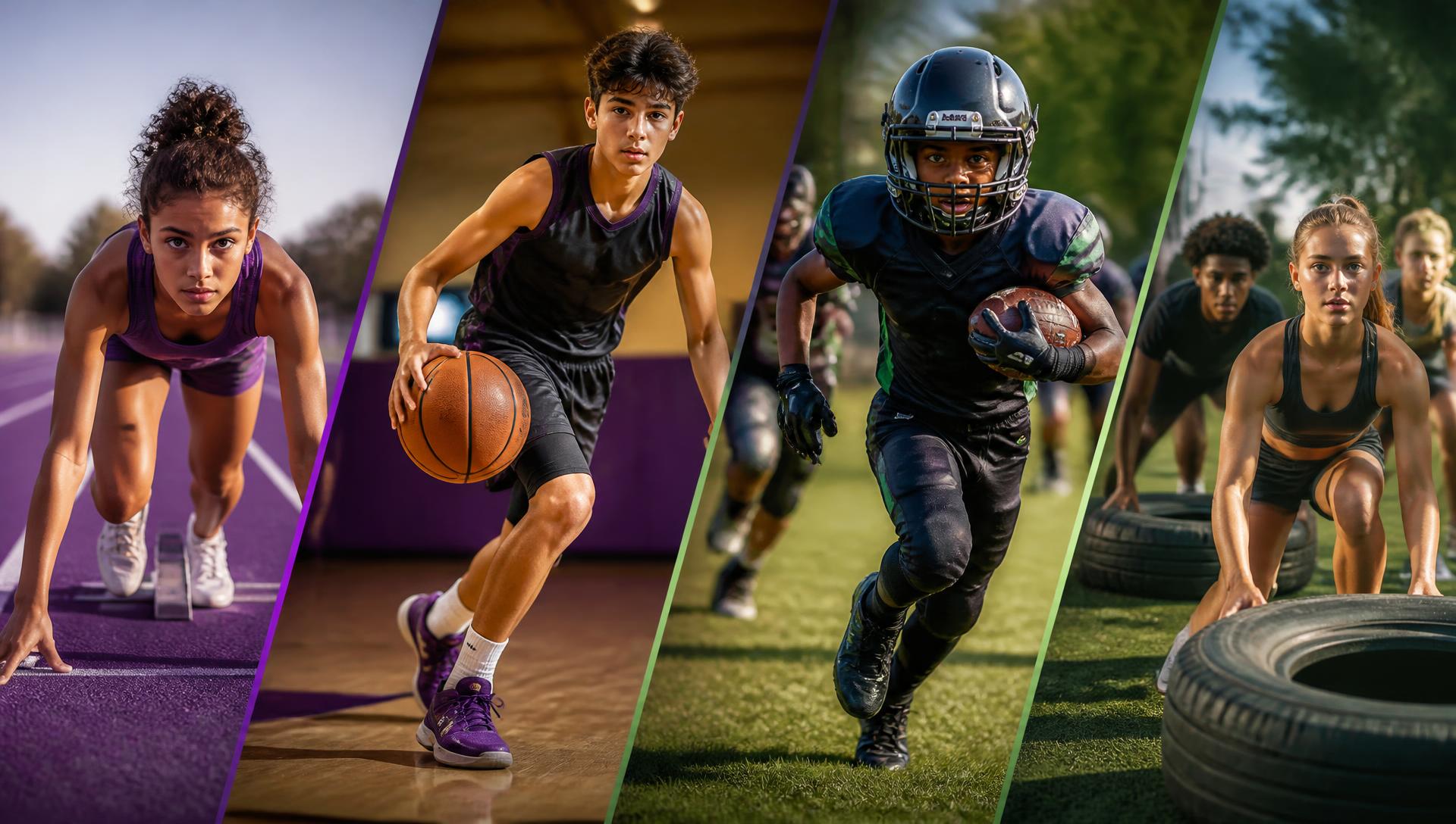 Middle and high school youth athletes competing in track, basketball, football and fitness training