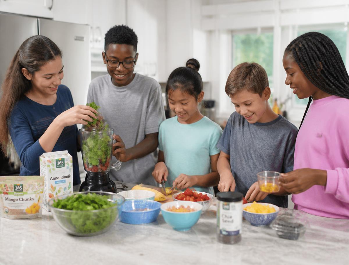 Children and teens preparing healthy food together with fresh fruits and vegetables