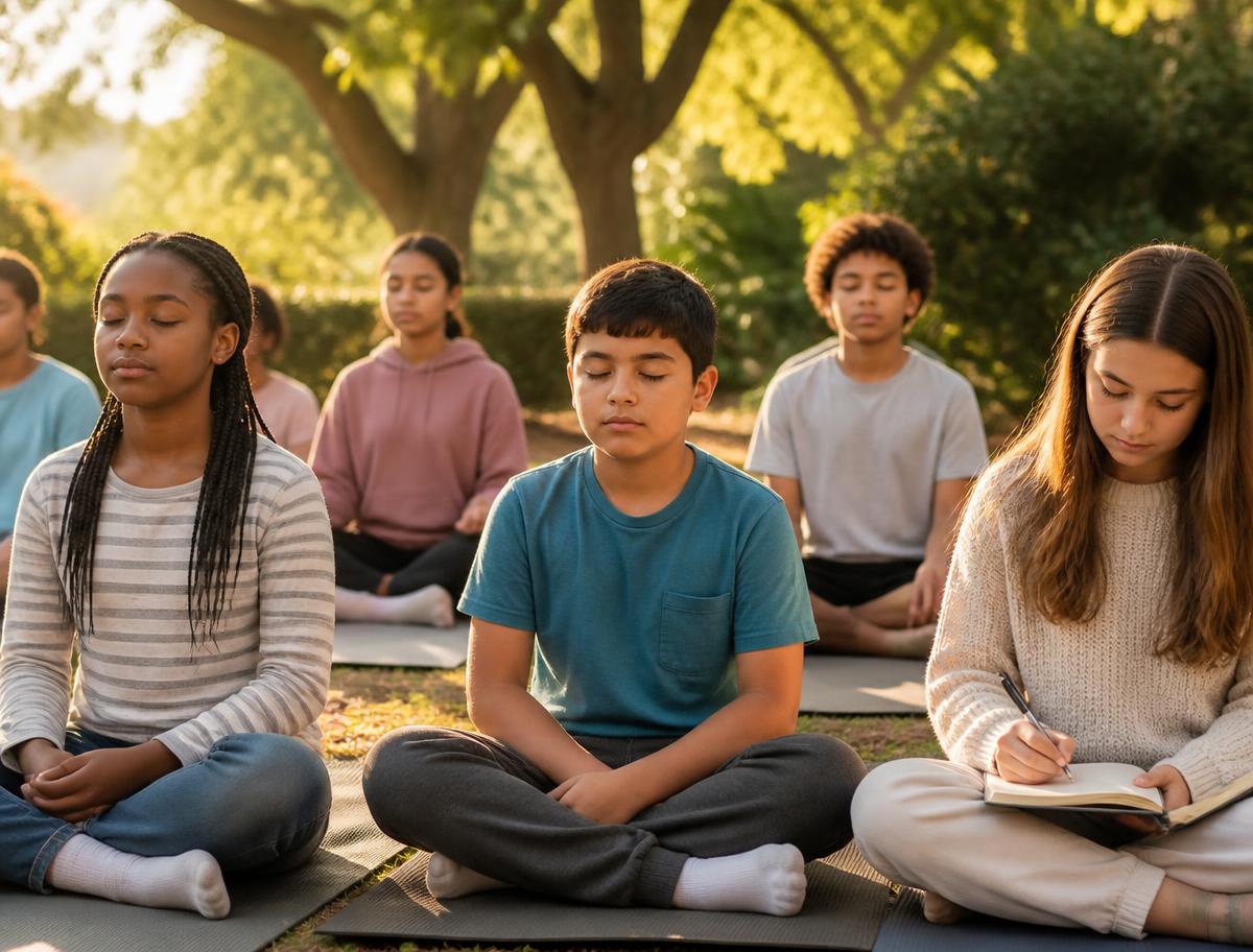 Children and teens sitting outdoors during a guided mindfulness and journaling activity